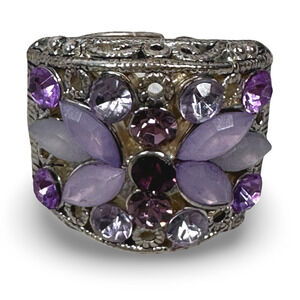 Vintage Costume Jewelry Cocktail Ring Purple Stones Silver Tone Metal Adjustable